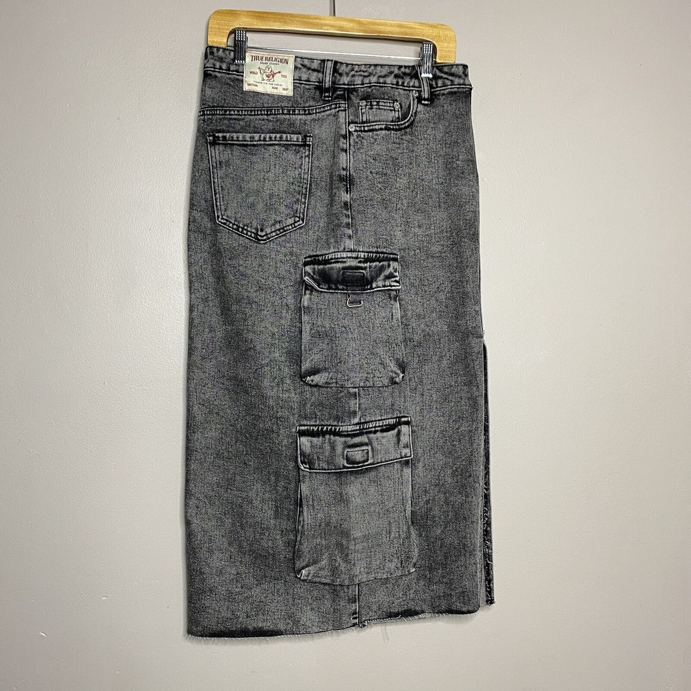 True Religion Vintage Style Charcoal Wash‎ Denim Cargo Midi Skirt Slit Front 27 - Picture 5 of 16